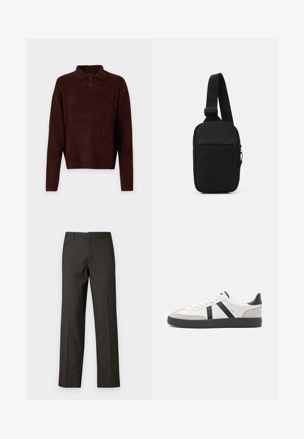 Hnědý pletený pullover s polo límcem, třemi knoflíky na krku a dlouhými rukávy. Měkká textura, žebrované manžety a lem.; Tmavě hnědé kalhoty vyrobené z hladkého materiálu, s rovnými nohavicemi, předními kapsami a zapínáním na knoflík v pase.; Bílé tenisky s černými a šedými akcenty, opatřené texturovaným šedým prstovým krytem, černou gumovou podrážkou a plochými bílými tkaničkami. Čistý design, minimalistický styl.; Černá crossbody taška vyrobená z odolné tkaniny, s jedním nastavitelným popruhem, zapínacím hlavním oddělením a přední kapsou.