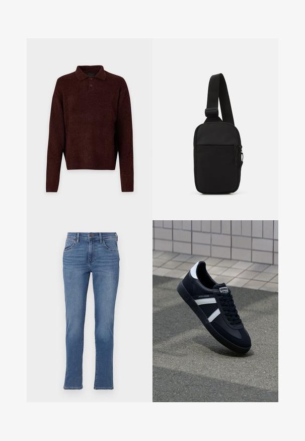 Brun stickad tröja med polo-krage, tre knappar vid nacken och långa ärmar. Mjuk textur, ribbade manschetter och fåll.; Blå denimjeans med rak bendesign, som har framfickor, knappstängning och subtil blekning över tyget.; Svart lädersneaker med vita ränder, texturerad gummisul, och snörning fram. Har en märkesskylt på tungan.; Svart axelväska gjord av slitstarkt tyg, med en justerbar rem, ett zip-försett huvudfack och en framficka.