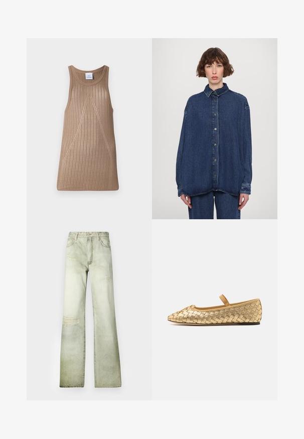 Bež krojen brezrokavnik iz pletenine z rebrasto teksturo, z A-linijo in subtilnimi diagonalnimi šivi.; Modra denim oversized srajca s ovratnikom, sprednjimi gumbi in dolgimi rokavi. Ima ohlapno prileganje in rahlo bled odtenek.; Izbledele zelene kavbojke iz denima z visokim pasom, širokimi hlačnicami in poškodovanimi patchetami. Imajo gumbasto zaklepanje in pet žepov.; Loeffler Randall LEONIE SOFT BALLET FLAT - Balerinke s paščkom - gold