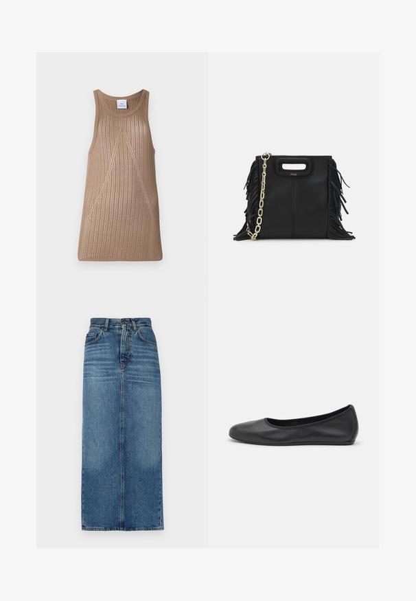 V krémszínű, ujjatlan kötött felső, bordázott textúrával, A-vonalú fazonnal és finom átlós varrási részletekkel.; Denim szoknya, középhosszú, világoskék mosott, magas derekú, öt zsebes dizájn, egyenes szabás, elhalványodott textúra, látható varrási részletekkel.; Fekete bőr balettcipő lekerekített orral, sima tekstúrával, minimális varrással és rugalmas talp kialakítással.; Fekete bőr kézitáska, frufrus részletekkel, arany láncos vállpánttal és kivágott fogantyúval. Az elülső részen logó található.