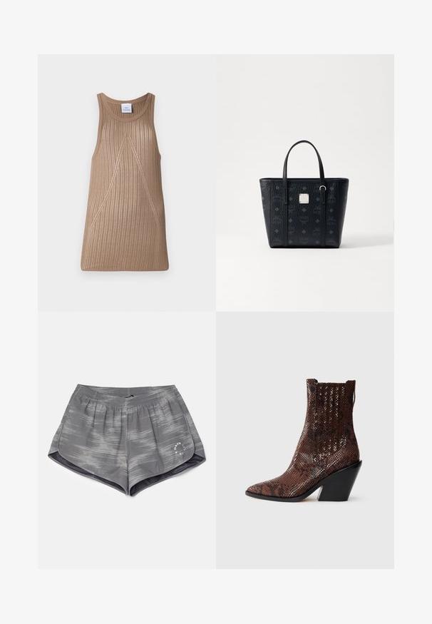 Beige, hihaton neulepaita, jossa on ribbi rakenne, A-linjainen muoto ja hienovaraiset vino ommel yksityiskohdat.; Harmaat urheilushortsit, joissa on aaltoileva kuvio, joustava vyötärö ja sivuhalkiot joustavuutta varten. Rajoitetusti valkoinen logo hemissä.; Ruskea käärmeennahkakuosiset nilkkurit, joissa on terävä kärki, teksturoitu pinta ja musta, paksu korko. Ylhäällä ribattu muotoilu.; Musta nahkainen käsilaukku, jossa on teksturoitu pinta, kaksinkertaiset kahvat ja neliölogo-aksentti. Monogrammikuvio kattaa ulkopinnan.