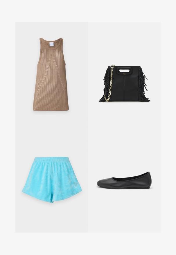 Débardeur en tricot beige sans manches avec une texture côtelée, présentant une forme en A et des détails de couture diagonale subtils.; Shorts en tie-dye bleu clair avec une taille élastique et un accent en strass argenté en forme de chiffre sept sur le côté inférieur. Texture en coton doux.; Ballerines en cuir noir avec un bout rond, texture lisse, détails de couture minimalistes et design de semelle flexible.; Sac à main en cuir noir avec des détails en franges, chaîne dorée pour l'épaule et une poignée découpée. Présente le logo sur le devant.