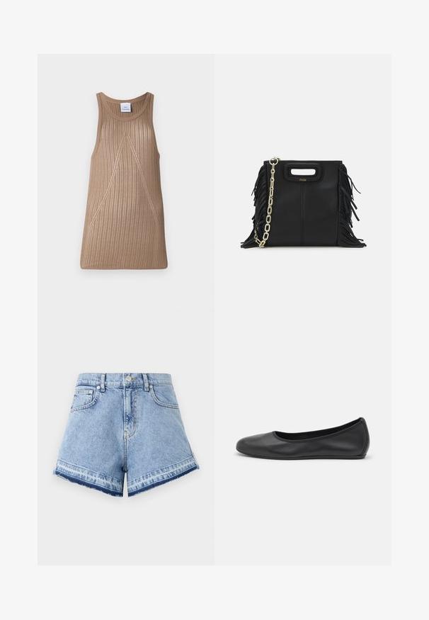 Bež, bez rukava, pleteni top s reljefnom teksturom, s A-linijom i suptilnim dijagonalnim šavovima.; MOSCHINO JEANS Kratke hlače od trapera - multi light blue; Crne kožne baletanke s zaobljenim vrhom, glatke teksture, minimalnim detaljima šavova i fleksibilnim dizajnom potplata.; Crna kožna torba s resicama, zlatnim lančićem za rame i rukohvatom u obliku izreza. Sadrži logo na prednjoj strani.