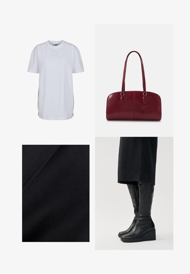 Weißes T-Shirt mit kurzen Ärmeln aus Baumwolle, mit Rundhalsausschnitt und lockerer Passform, ohne sichtbare Muster oder Grafiken.; Schwarzer Stoff mit glatter Textur, der subtile Variationen in der Oberflächenbeschaffenheit aufweist und einen leichten Stretch hat, ideal für Bekleidung oder Polstermöbel.; Schwarz lederne kniehohe Stiefel mit Keilabsatz, ausgestattet mit einer glatten Oberflächenstruktur und einem seitlichen Reißverschluss. Entworfen mit einer schlanken, körperbetonten Silhouette.; Zign LEATHER - Handtasche - dark red