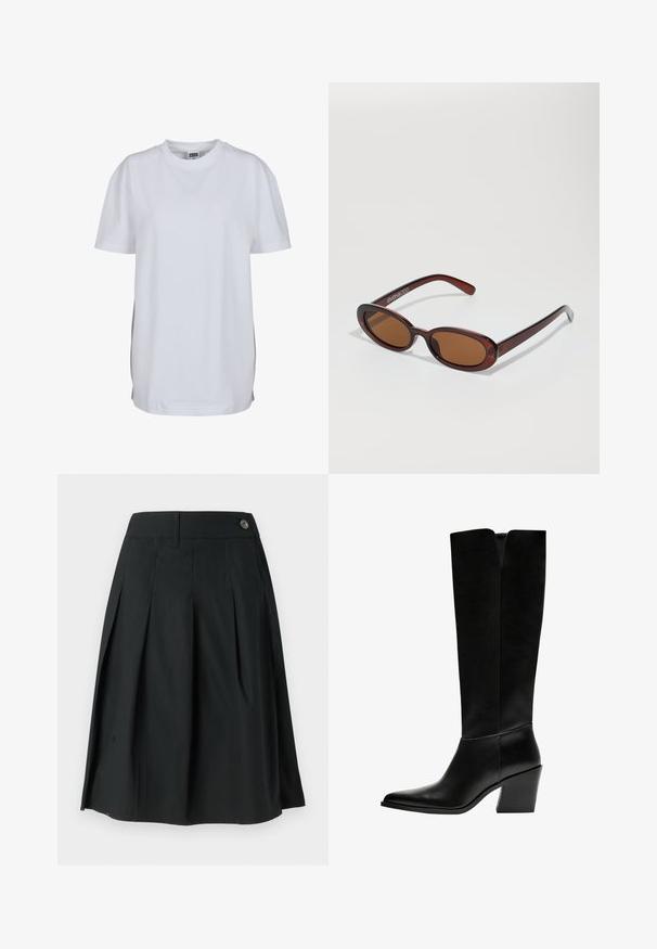 White short-sleeve t-shirt made of cotton, featuring a round neck and a relaxed fit, with no visible patterns or graphics.; Black pleated skirt made of lightweight fabric, featuring a button closure, a smooth texture, and an A-line shape.; Black knee-high boots made of smooth leather, featuring a pointed toe, a block heel, and a V-shaped cutout at the top.; Round, brown-tinted sunglasses with a glossy burgundy frame. Slim arms with subtle branding detail. Flat lens design.