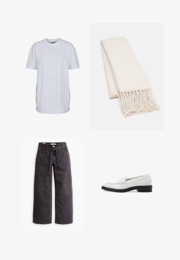 Camiseta de manga corta blanca de algodón, con cuello redondo y corte relajado, sin patrones ni gráficos visibles.; Pantalones de mezclilla de pierna ancha negra, con cintura ajustable por cordón, cinco bolsillos y detalles de costura en contraste. Diseño frontal plano.; Mocasines de cuero blancos con una suela plana negra, que presentan costuras decorativas y una punta redondeada. Diseño sencillo, adecuado para uso casual o formal.; Bufanda blanca con un patrón texturizado, con extremos flecados. El material parece suave y ligero, doblada de manera ordenada para su exhibición.