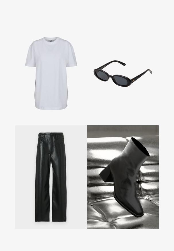 Bílý krátký rukáv bavlněného trička s kulatým výstřihem a volným střihem, bez viditelných vzorů nebo grafik.; Černé kožené kalhoty s rovného střihu, vybavené zapínáním na knoflík, poutky na pásek a dvěma předními kapsami. Hladká textura s mírným leskem.; Černá kotníková bota vyrobená z lesklého materiálu se čtveratou špičkou a zúženým podpatkem, umístěná na lesklém stříbrném prošívaném pozadí.; Černé oversized sluneční brýle s oválnými čočkami, hladkým plastovým rámem a zlatými akcenty na spáncích. Tmavé čočky poskytují ochranu před sluncem.