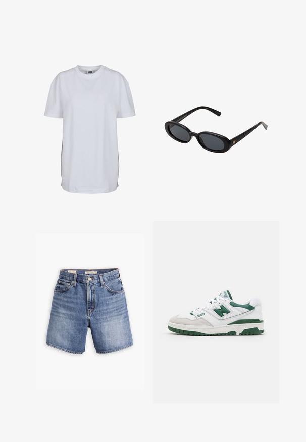 Weißes T-Shirt mit kurzen Ärmeln aus Baumwolle, mit Rundhalsausschnitt und lockerer Passform, ohne sichtbare Muster oder Grafiken.; Jeansshorts in mittlerem Blau, ausgestattet mit einem klassischen fünf-Taschen-Design, einem Knopfverschluss und geradem Bein. Leicht ausgeblichene Textur insgesamt.; Weißer Sportschuh mit grünen Akzenten, strukturiertem Leder und Wildleder, durchbrochenen Details, gepolstertem Kragen und Gummisohle. Modellnummer 550.; Schwarze, oversized Sonnenbrillen mit ovalen Gläsern, glattem Kunststoffrahmen und goldenen Akzenten an den Bügeln. Die dunklen Gläser bieten Sonnenschutz.; Weißes Leder-Handtasche mit einem gerafften Griff, Schleifendetail auf der Vorderseite und einer floralen Akzentuierung. Glatte Oberfläche und rechteckige Form.