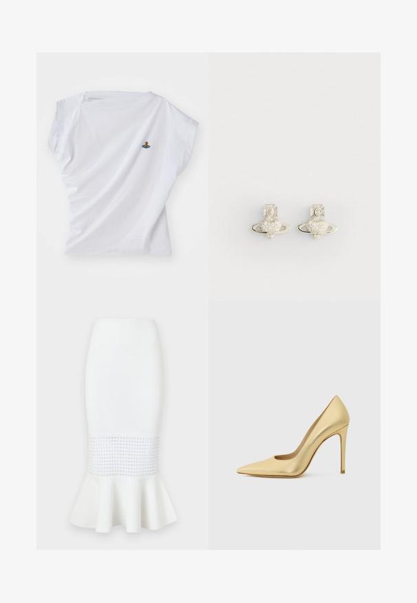 Tricou alb cu mânecă scurtă, fabricat din bumbac, având un mic design brodat cu un urs pe o navă spațială albastră pe piept.; Fustă midi albă din stofă ribbed, cu un panou din plasă la tiv și margine evazată. Textură netedă cu decupaje circulare.; Pantof cu toc înalt de tip stiletto, vârful ascuțit, de culoare auriu metalizat, prezentat din lateral pe un fundal deschis și simplu.; Cercei din argint cu un design în formă de inimă, înconjurați de un inel, împodobiți cu mici pietricele clare și un accent detaliat în formă de cruce.