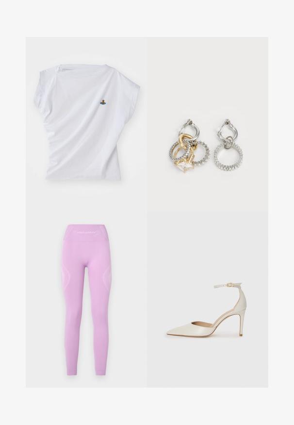 Valkoinen lyhythihainen t-paita, joka on valmistettu puuvillasta ja jossa on pieni brodeerattu kuvio karhusta sinisessä avaruusaluksessa rinnassa.; Vaaleanvioletit legginsit, joissa on korkea vyötärö, tekstuuriset sivupaneelit ja hillitty logotyyppi edessä, valmistettu joustavasta kankaasta.; Valkoinen nahkainen korkokenkä, jossa on terävä kärkinen muoto, nilkkaremmi ja kapea korko. Suora pinta, jossa on hienovarainen kiiltävä viimeistely.; Kohokorut, joissa on toisiinsa kietoutuneita kultaisia ja hopeisia renkaita, kirkas kuutiozirkoniakorostus ja yksi rengas on teksturoitu.