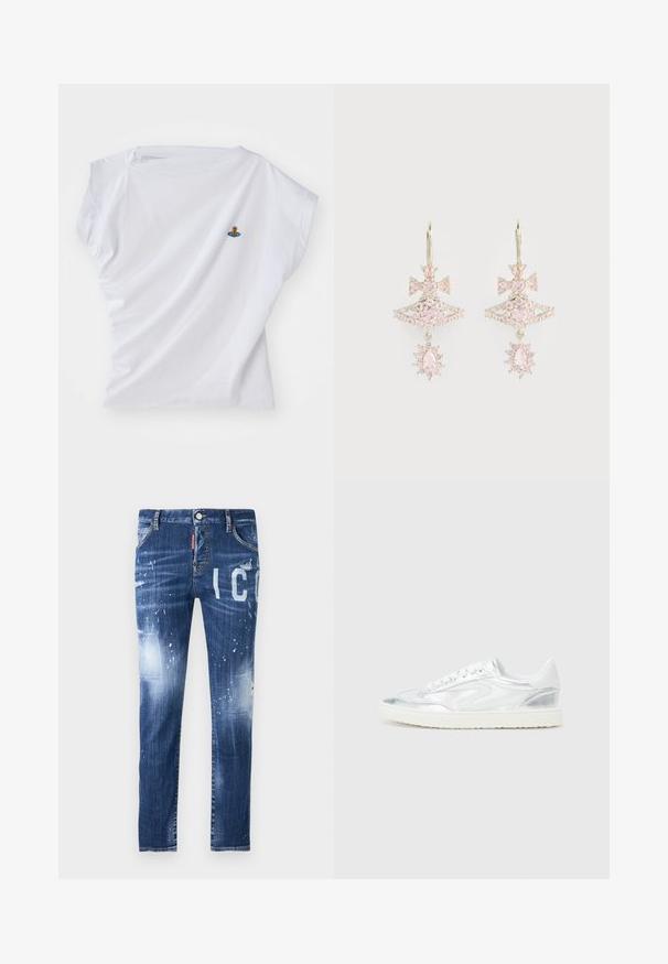 Balta trumpa rankovėmis T marškiniai, pagaminti iš medvilnės, su mažu siuvinėtu lokio dizainu mėlyname kosminėje laive ant krūtinės.; Gili džinsai tamsiai mėlynos spalvos su nusidevėjimo detalėmis, purškimo efektais ir didelėmis baltomis raidėmis. Ypatybė - klasikinis penkių kišenių dizainas.; Baltieji sportbačiai su metalizuotais sidabro akcentais, lygia tekstūra, apvaliu kojų pirštu, plokščiu padu ir tradiciniu raištelių užsegimu.; Rožinės spalvos brangakmenių auskarai su lankelio dizainu, turintys sluoksniuotą struktūrą ir blizgančias akcentus; metaliniai komponentai išlaiko poliruotą apdailą.