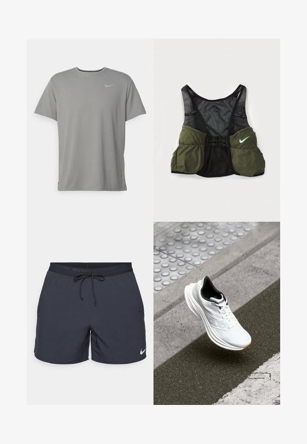 T-shirt Nike grigio con maniche corte, scollo rotondo e un piccolo logo argentato sul lato sinistro del petto. Realizzato in tessuto morbido e leggero.; Shorts da running Nike, grigio scuro, vita elastica con cordino, tasche laterali, tessuto leggero, con il logo Nike bianco sull'orlo inferiore.; Scarpa sportiva bianca con interno nero che fluttua sopra un marciapiede testurizzato e una strada asfaltata vicino a una pavimentazione tattile rialzata.; Gilet da trail running Nike in nero e verde oliva. Caratterizzato da materiale in rete, spallacci regolabili e molteplici tasche di stoccaggio sul davanti.