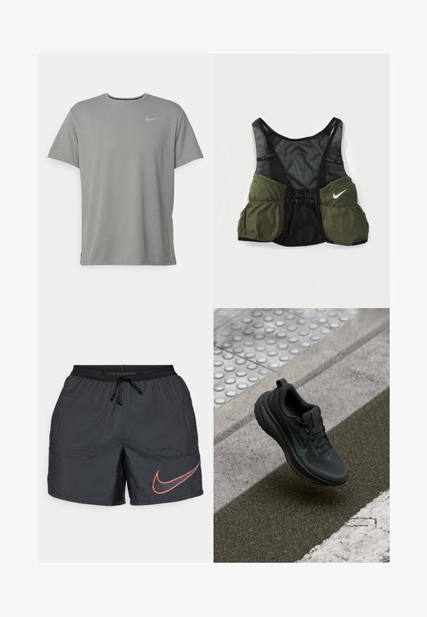 Grå Nike t-shirt med korta ärmar, rundhalsning och en liten silverlogotyp på vänster bröst. Tillverkad av mjukt, lätt material.; Svarta Nike löparshorts med justerbar dragsko i midjan och stor röd och vit Nike swoosh-logotyp på vänster ben.; Svart träningsskor med slät tygöverdel, texturerad sula och reflexdetaljer. Har rundad tå och snörningsdesign.; Nike trail running-väst i svart och olivgrön. Har meshmaterial, justerbara remmar och flera förvaringsfickor på framsidan.