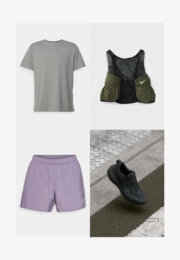 Grijze Nike t-shirt met korte mouwen, ronde halslijn en een klein zilveren logo op de linkerborst. Gemaakt van zachte, lichte stof.; Paarse sportshorts met een elastische tailleband, een gladde textuur, zijzakken en een klein logoaccent.; Zwarte sportieve schoen met een soepele stof bovenkant, textuurzool en reflecterende accenten. Heeft een ronde neus en vetersluiting.; Nike trailrunning vest in zwart en olijfgroen. Kenmerken zijn mesh materiaal, verstelbare banden en meerdere opbergvakjes aan de voorkant.
