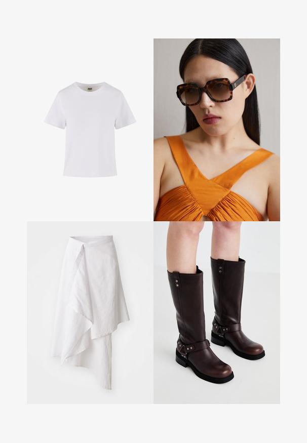 Valkoinen puuvillainen t-paita, jossa on lyhyet hihat, pyöreä kaula-aukko ja suora leikkaus. Tasainen pinta, yksinkertainen muotoilu, ei näkyviä kuvioita tai koristeita.; Valkoinen kääntöhame, joka on valmistettu keveästä kankaasta. Hameessa on epäsymmetrinen helma, sileä rakenne ja yksinkertainen, minimalistinen muotoilu.; Ruske nahkasaapad, jotka ulottuvat polviin, joissa on sileä pinta, leveä hihna ja kolmion muotoiset metallikoristeet sekä litteät kumipohjat.; Ruske tortoiseshell oversize sunčane naočale s širokim pravokutnim okvirom i gradijentnim lećama. Zlati detalj s logotipom sa strane.; Musta nahkainen duffellikassi kahdella kahvalla, vetoketjullisella etutaskulla ja irrotettavalla olkahihnalla. Sileä pinta ja hillitty brändäys.