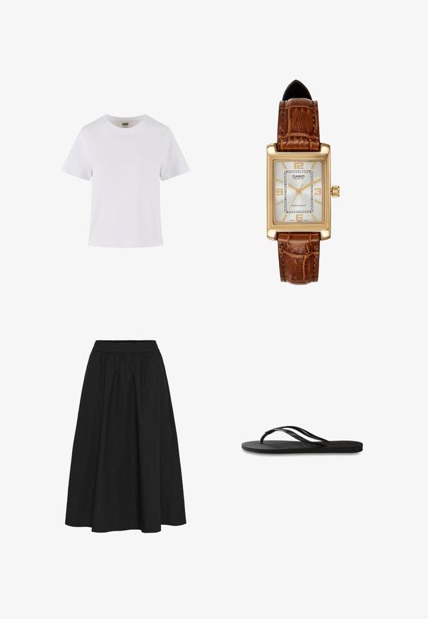 T-shirt en coton blanc à manches courtes, avec un col rond et une coupe droite. Texture lisse, design simple, sans motifs ni accents visibles.; Jupe noire, longueur genou, en coton, dotée d'une taille élastique, texture froncée et finition lisse sans motifs visibles.; Tongs noires avec une semelle en caoutchouc texturée, deux fines lanières et un détail de logo embossé subtil sur la lanière.; Montre quartz Casio avec un boîtier rectangulaire en doré, un cadran blanc, des index horaires dorés et un bracelet en cuir marron à motif crocodile. Résistante à l'eau.