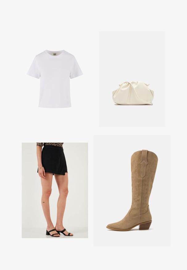 Camiseta de algodón blanca con mangas cortas, cuello redondo y corte recto. Textura suave, diseño sencillo, sin patrones ni acentos visibles.; LELA Shorts - black; Botas de vaquero de ante en tono beige con punta afilada, caña de altura media y costuras decorativas a lo largo de los lados. Presentan un tacón de madera apilada.; Bolso de cuero sintético suave y de color crema con diseño fruncido, correa ajustable y cierre de cuerda sutil. Textura suave y forma redondeada.
