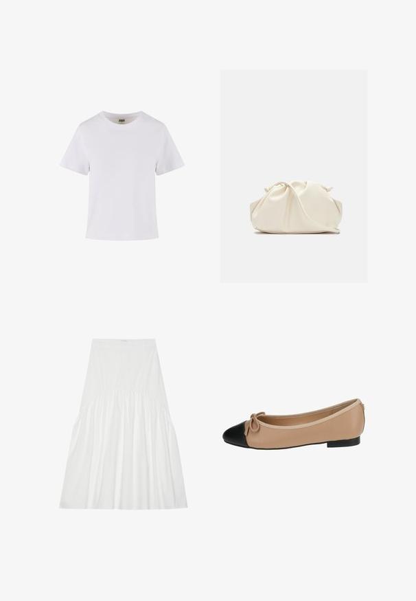 Balts kokvilnas T-krekls ar īsām piedurknēm, apaļo izgriezumu un taisnu griezumu. Gluda tekstūra, vienkāršs dizains, bez redzamām rakstu vai akcentiem.; Balta kokvilnas svārku bikses līdz ceļiem. Iezīmējas ar savilkumu jostas daļā, gludu tekstūru un vienkāršu, klasisku A-veida siluetu.; Beigā ādas baleta kurpes ar melnu purngalu. Iekļauj priekšējo loku detaļu un gludu tekstūru. Zema profila dizains ar gumijas zoli.; Krēmkrāsas, mīksta mākslīgā āda, soma ar pulcēta dizaina, regulējamu jostu un diskrētu aukliņu aizdari. Gluda tekstūra un noapaļota forma.