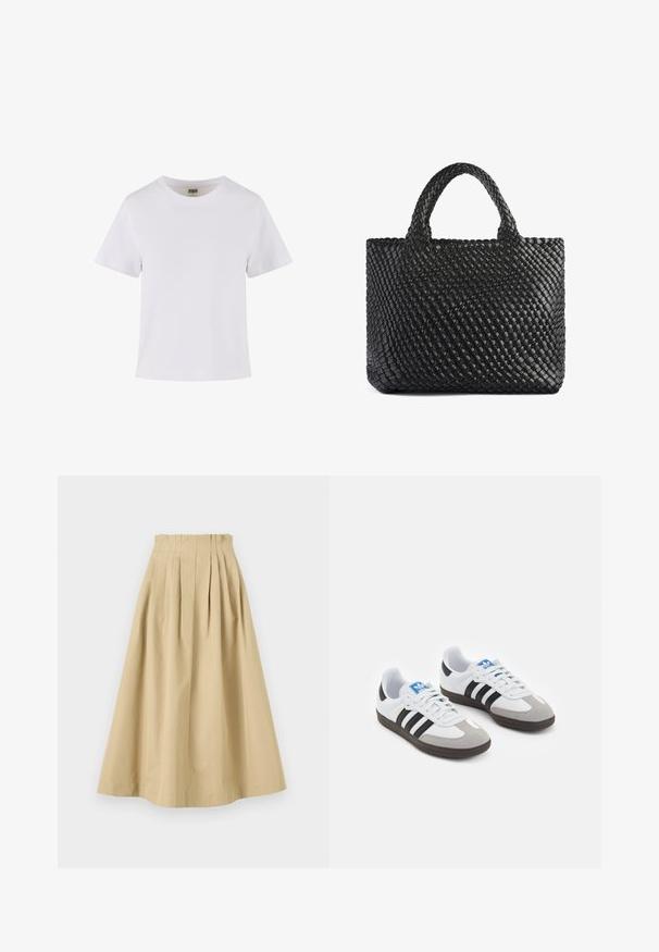 Bijela pamučna majica kratkih rukava, s okruglim izrezom i ravnim krojem. Glatka tekstura, jednostavan dizajn, bez vidljivih uzoraka ili detalja.; Bež suknja duljine do koljena s naborima, izrađena od lagane tkanine. Ima prilagođeni pojas i glatku teksturu oko cijele suknje.; Sportske cipele s gornjištem od bijele kože, sivi suedinasti nos i tri crne pruge. Imaju plavi logo na jeziku i teksturiranu gumenu podlogu.; Crna torba od tkanine s dva držača, koja ima teksturiranu površinu i pravokutni oblik. Jednostavan, jedinstven dizajn bez vidljivih dijelova hardvera.
