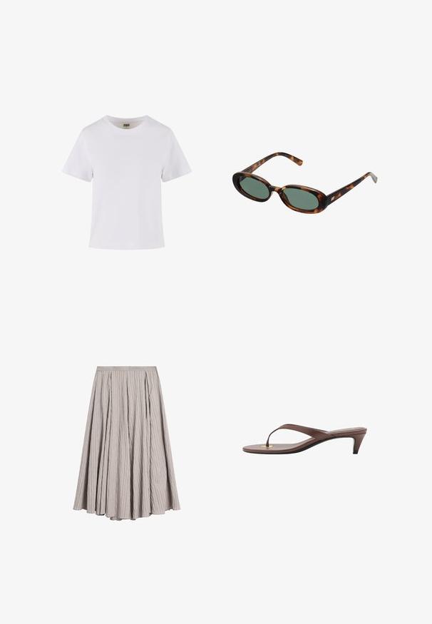 T-shirt en coton blanc à manches courtes, avec un col rond et une coupe droite. Texture lisse, design simple, sans motifs ni accents visibles.; Jupe midi gris clair en tissu texturé avec des plis verticaux, dotée d'une taille ajustée et d'une forme évasée.; Sandale à talons brune avec une fine lanière et un entre-doigts arrondi, arborant un petit accent doré sur le semelage.; Lunettes de soleil en écaille de tortue avec des montures ovales et des verres verts. Elles présentent des branches fines avec un accent métallique près des charnières.; Sac à main en cuir marron avec deux poignées robustes, de forme rectangulaire, texture lisse et fermeture zippée. Design minimaliste sans motifs visibles.
