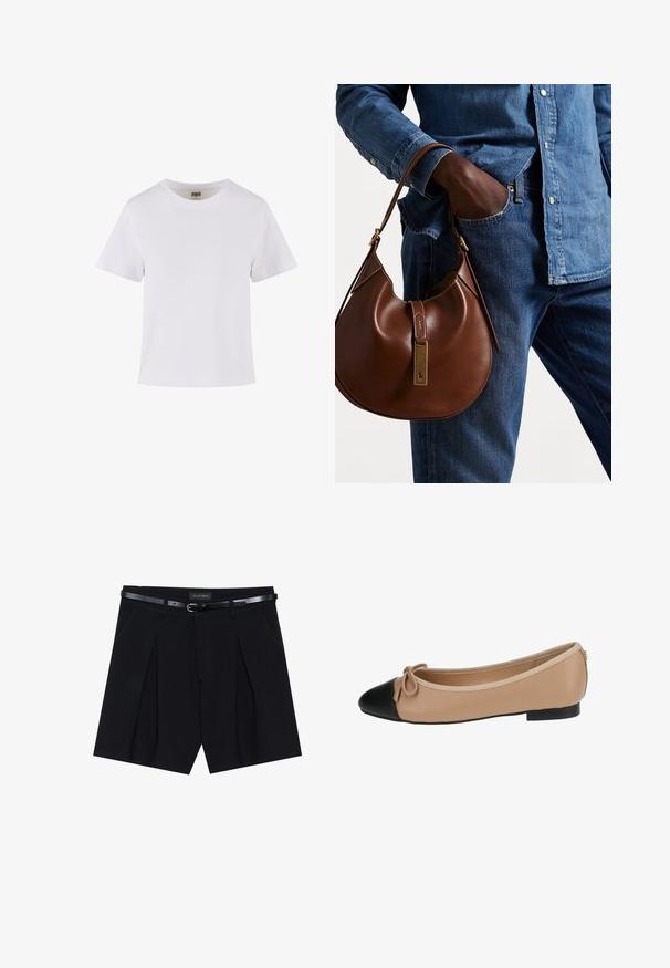 Fehér pamut póló, rövid ujjakkal, kerek nyakkivágással és egyenes szabással. Simább textúra, egyszerű design, látható minták vagy díszítések nélkül.; Fekete, pliszírozott nadrágshort, karcsú fekete övvel, aranycsattal. Simító anyagból készült, amely kifinomult megjelenést biztosít.; Beige bőr balerina cipő fekete orral. Elöl masni díszítéssel és sima felülettel rendelkezik. Alacsony profilú kialakítás, gumitalppal.; Barna bőr hobo táska kerek formával, arany színű kiegészítővel és kontrasztos varrással. Farmeringgel és farmernadrággal párosítva.