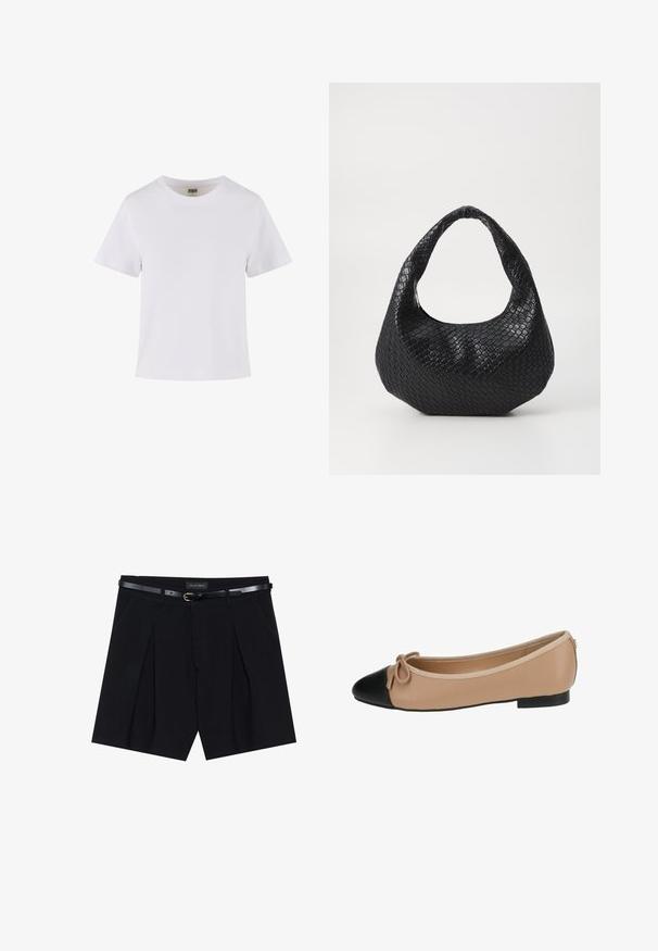 Fehér pamut póló, rövid ujjakkal, kerek nyakkivágással és egyenes szabással. Simább textúra, egyszerű design, látható minták vagy díszítések nélkül.; Fekete, pliszírozott nadrágshort, karcsú fekete övvel, aranycsattal. Simító anyagból készült, amely kifinomult megjelenést biztosít.; Beige bőr balerina cipő fekete orral. Elöl masni díszítéssel és sima felülettel rendelkezik. Alacsony profilú kialakítás, gumitalppal.; Fekete fonott kézitáska ívelt fogantyúval, textúrált felszínnel és laza formával. Simább felület organikus sziluettel.