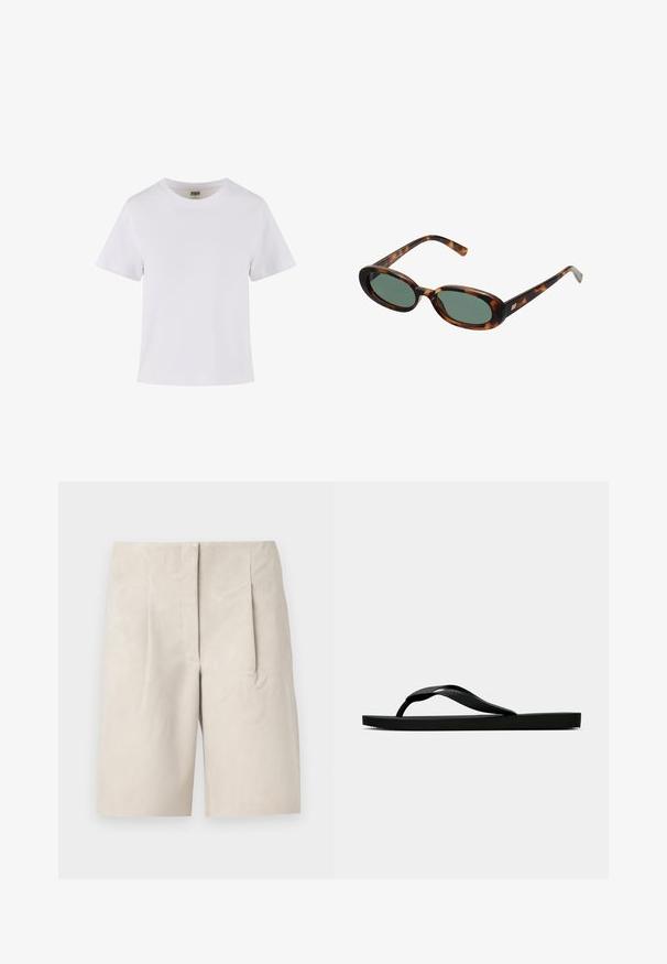 Vit bomull t-shirt med kort ärm, rundad halsringning och rak passform. Slät textur, enkel design, inga synliga mönster eller detaljer.; Beige mockaskorts med avslappnad passform, med två framvikningar och en ren midjebanddesign. Slät textur, längd till mitten av låret.; Svart gummislip-in sandal med ett texturerat rem och enkel platt sula, visas från sidan på en enkel ljus bakgrund.; Sköldpaddsmönstrade solglasögon med ovala bågar och gröna linser. Har tunna skalmar med en metallisk detalj vid gångjärnen.