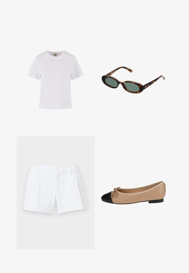 Balta medvilnės marškinėliai trumpomis rankovėmis, su apvaliu iškirpimu ir tiesiu kirpimu. Lygus paviršius, paprastas dizainas, be matomų raštų ar akcentų.; Balti lininiai šortai su klostėmis, mygtukų uždarymu ir šoninėmis kišenėmis. Savybės: pritaikytas pjūvis ir sklandus audinys.; Bežiniai baleto bateliai iš odos su juodu priekiniu kotu. Siūlomas priekio kaspinas ir lygus paviršius. Žema profilio konstrukcija su guminiais padais.; Žvyneliai akiniai su ovaliais rėmeliais ir žaliais objektyvais. Siūlo plonas šakes su metaliniu akcentu prie vyrų.