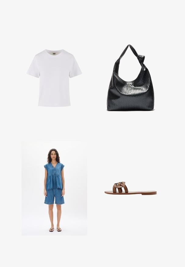 Bela bombažna majica s kratkimi rokavi, okroglo izrezana in ravno krojena. Gladka tekstura, preprost dizajn, brez vidnih vzorcev ali dodatkov.; Denim obleka, ki vključuje kratke rokave, top z V-izrezom in hlače do kolen. Tkanina je modra, s prostim krojem in vidnimi šivi.; Rjave ravne sandale iz sintetičnega materiala z obliko pletenega trakove in gladkim, ravnim podplatom. Brez pete, minimalistična estetika.; Črna torbica iz pletene usnje s sproščenim dizajnom, ki ima vozel na traku in majhno dekorativno zlatno zakovico na vrhu.