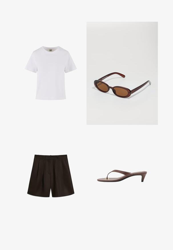Hvid bomulds t-shirt med korte ærmer, rund halsudskæring og lige snit. Glat tekstur, enkelt design, ingen synlige mønstre eller dekorationer.; Massimo Dutti PLEATED BERMUDA - Shorts - dark brown; Brune hælflip-flop sandal med en slank rem og rund tåpost, der har et lille guldaccent på fodsengen.; Runde, bruntonede solbriller med en glansfuld bordeauxramme. Slanke arme med diskret brandingdetalje. Flad linsedesign.