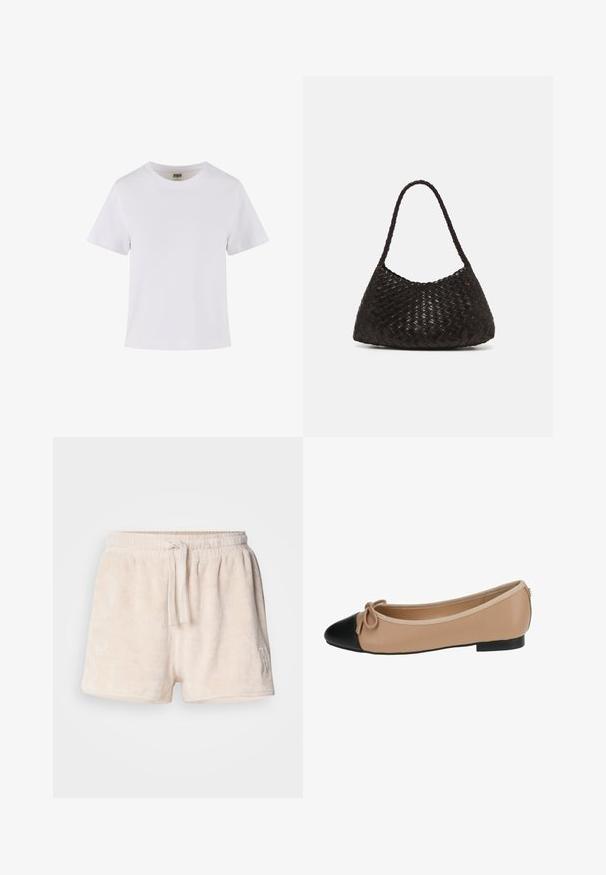 Fehér pamut póló, rövid ujjakkal, kerek nyakkivágással és egyenes szabással. Simább textúra, egyszerű design, látható minták vagy díszítések nélkül.; Tejbézs színű bolyhos rövidnadrág, rugalmas derékkal, húzózsinórral és hímzett részletekkel az alsó bal oldalon. Puha, textúrált anyag.; Beige bőr balerina cipő fekete orral. Elöl masni díszítéssel és sima felülettel rendelkezik. Alacsony profilú kialakítás, gumitalppal.; DRAGON DIFFUSION ROSANNA - Kézitáska - dark brown