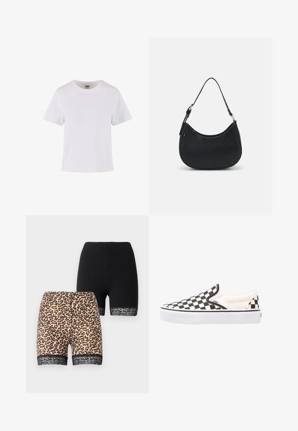 White cotton t-shirt with short sleeves, a crew neckline, and a straight cut. Smooth texture, simple design, no visible patterns or accents.; Two pairs of shorts: one in solid black fabric, the other in a tan leopard print with a black lace trim at the hem. Both are mid-length.; Black and white checkered slip-on Vans shoes with a canvas upper, rubber outsole, and padded collar. Flat, round toe with white sole accents.; Black hobo bag made of smooth leather with a curved silhouette, featuring a single adjustable strap and minimalistic design details.
