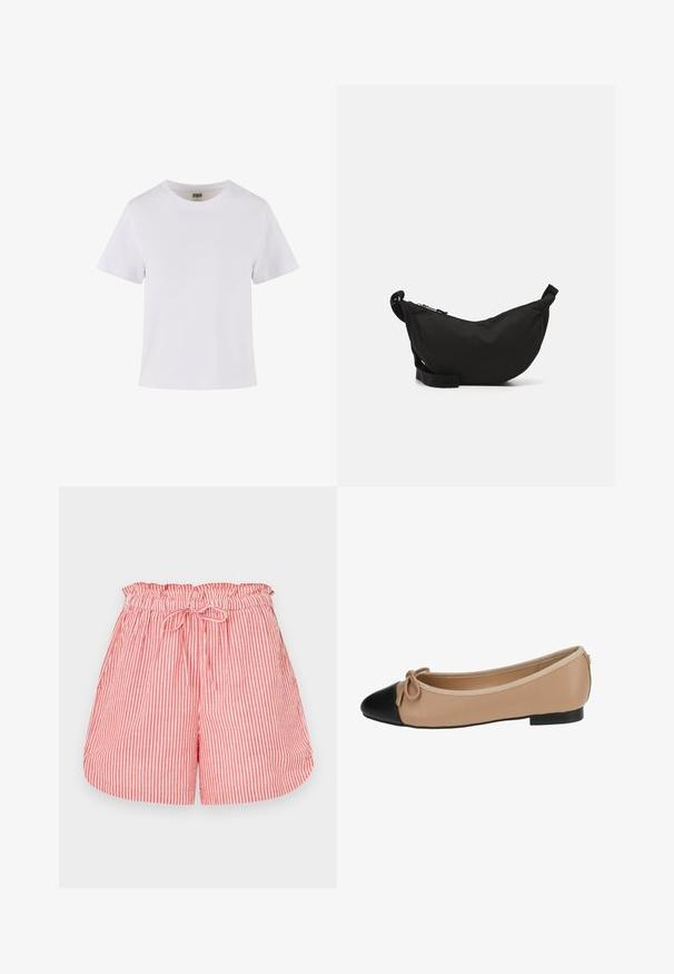 Bela bombažna majica s kratkimi rokavi, okroglo izrezana in ravno krojena. Gladka tekstura, preprost dizajn, brez vidnih vzorcev ali dodatkov.; Rdeče in bele črtaste hlače s elastičnim pasom in vezalko. Imajo sproščen kroj in gladko teksturo.; Balerinka iz bež usnja z črnim kapicom. Ima podrobnost z lokom spredaj in gladko teksturo. Nizka oblika z gumijastim podplatom.; Črna tkaninska torba čez ramo s kružno obliko, z zadrgo, nastavljivim trakom in majhnim stranskim žepom za dodatno shranjevanje.