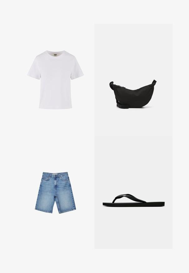 Biała bawełniana koszulka z krótkim rękawem, okrągłym dekoltem i prostym krojem. Gładka faktura, prosty dizajn, brak widocznych wzorów lub akcentów.; Szorty dżinsowe w jasnoniebieskim kolorze, z klasycznym pięciopocketowym wzorem, z zamkiem błyskawicznym i delikatnym wyblaknięciem. Prosty krój z podwiniętymi brzegami.; Czarne gumowe klapki z teksturowanym paskiem i prostą płaską podeszwą, przedstawione z boku na jasnym jednolitym tle.; Czarna torebka crossbody z wyprofilowanym kształtem, zamkiem błyskawicznym, regulowanym paskiem oraz małą boczną kieszonką na dodatkowe akcesoria.