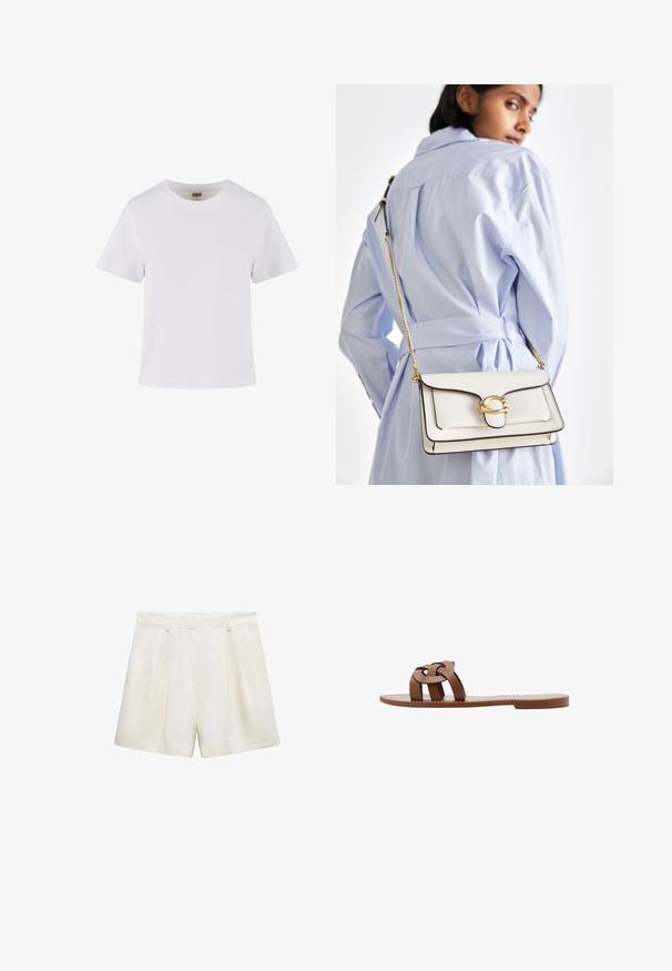 White cotton t-shirt with short sleeves, a crew neckline, and a straight cut. Smooth texture, simple design, no visible patterns or accents.; White shorts made of a smooth fabric, featuring a pleated design, side pockets, and a hem that falls just above the knee.; Brown flat sandals made of synthetic material featuring a braided strap design and a smooth, flat sole. No heel, minimalist aesthetic.; White leather handbag with gold hardware, a front flap, and black edging, featuring a chain strap worn crossbody against a light blue shirt.