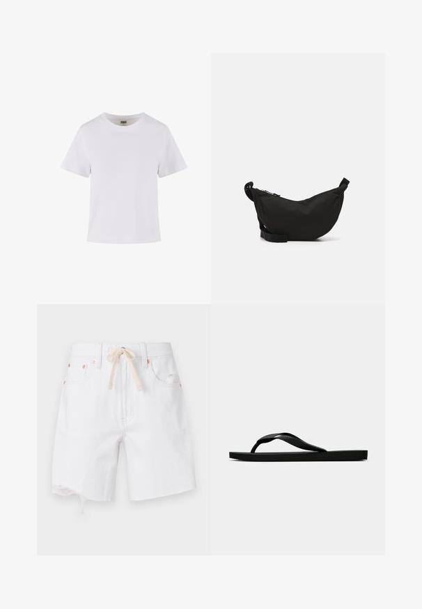 Hvit bomulls t-skjorte med korte ermer, rund hals og rett snitt. Glatt tekstur, enkelt design, ingen synlige mønstre eller detaljer.; Hvite denimshorts med rå kant, laget av bomullsblanding, med en beigefarget snor. Har detaljer i kobberfarge og sidelommer.; Svarte gummiflip-flopsandaler med en teksturert stropp og enkel flat såle, vist fra siden på en enkel lys bakgrunn.; Svart stoff crossbody-veske med en buet form, glidelås, justerbar stropp og en liten sidelomme for ekstra lagring.