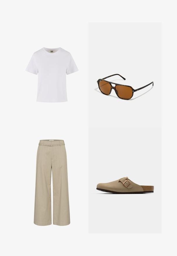 Bela bombažna majica s kratkimi rokavi, okroglo izrezana in ravno krojena. Gladka tekstura, preprost dizajn, brez vidnih vzorcev ali dodatkov.; Hlače širšega kroja iz svetlo bež tkanine z navpičnimi črtami, opremljene z usklajeno pasom in dekorativno kovinsko opremo na pasu.; Bežna klompa z zaobljenim nosom, nastavljivim sponko in korčnim podplatom. Teksturirana površina s črnim gumijastim podplatom za oprijem.; Kornjačaste sončne očala s rjavimi lečami, pravokotne oblike in kovinskimi detajli na okvirju. Eleganten dizajn s tankimi ročaji.