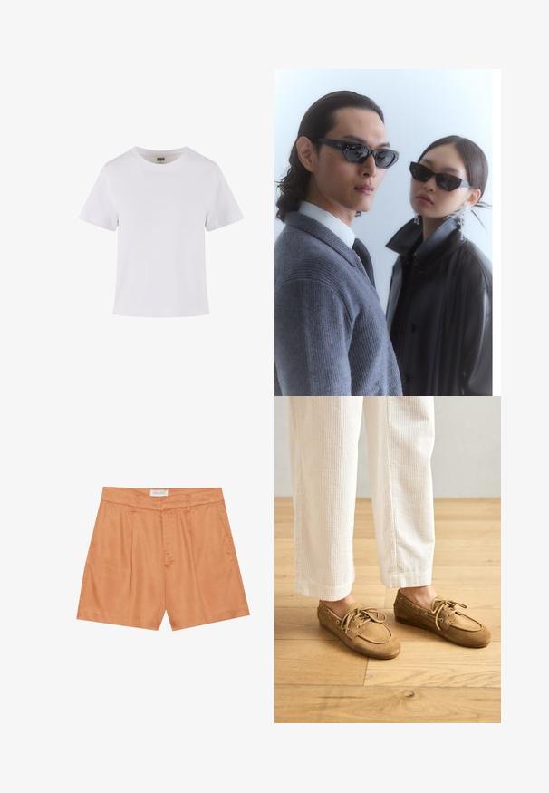Witte katoenen t-shirt met korte mouwen, een ronde halslijn en een rechte snit. Gladde textuur, eenvoudig ontwerp, geen zichtbare patronen of accenten.; Oranje geplooide shorts van gladde stof, met een rits aan de voorkant, riemlussen en zijzakken. Het label zegt "ANNA FIELD."; Bruine suède bootschoenen met veters, met een ronde neus en gestikte accenten. G gecombineerd met witte corduroy broek in een houten omgeving.; Zonnebril met hoekige zwarte frames op een model in een grijs sweater, waarin een gestructureerde brei te zien is, en een zwart leren jack gedragen door een ander model.