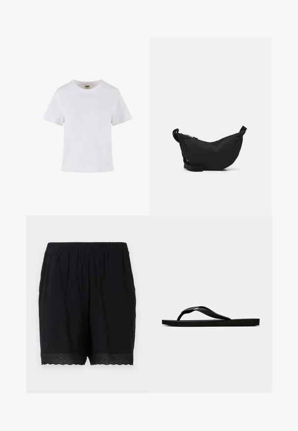 Fehér pamut póló, rövid ujjakkal, kerek nyakkivágással és egyenes szabással. Simább textúra, egyszerű design, látható minták vagy díszítések nélkül.; Fekete pamut rövidnadrág rugalmas derékkal és fodros szegéllyel, perforált részletekkel a széleken. Puha és könnyű anyag.; Fekete gumipapucs, textúrált pánttal és egyszerű lapos talppal, oldalnézetből, világos háttér előtt.; Fekete szövet keresztbody táska ívelt formával, cipzáras záródással, állítható pánttal és egy kis oldalzsebbel a további tárolás érdekében.