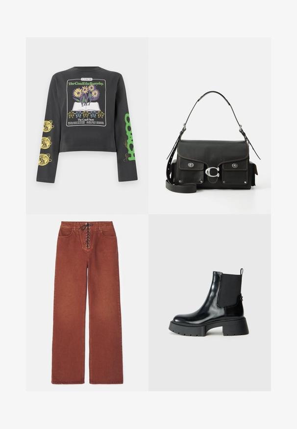 Juoda ilgomis rankovėmis trumpa palaidinė su spalvingais gėlių ir saulės grafikos piešiniais, žalia "Coach" tekstu dešinėje rankovėje ir geltonais žemės rutulio simboliais kairėje rankovėje.; Rudos spalvos plačių kojų kelnės su raišteliu priekyje, vyriškos denim medžiagos. Su dviem priekiniais kišenėmis ir lygiu paviršiumi.; Juodos kulkšninių batai iš blizgaus odos su elastinėmis šoninėmis dalimis, kilpos užtraukimui ir masyviu guminėmis padanga, turinčia tekstūruotą protektorių.; Juoda odinė rankinė su užtrauktuku, sidabriniais elementais, dviem priekiniais kišenėmis, kontrastingomis siūlėmis ir nuimamu peties diržu.; Aukso tono metalinės auskarai su stilingu, kreiviu dizainu. Išsiskiria ryškiu smailiu pavidalu, poliruota paviršiumi ir užsegimu su vyriu.