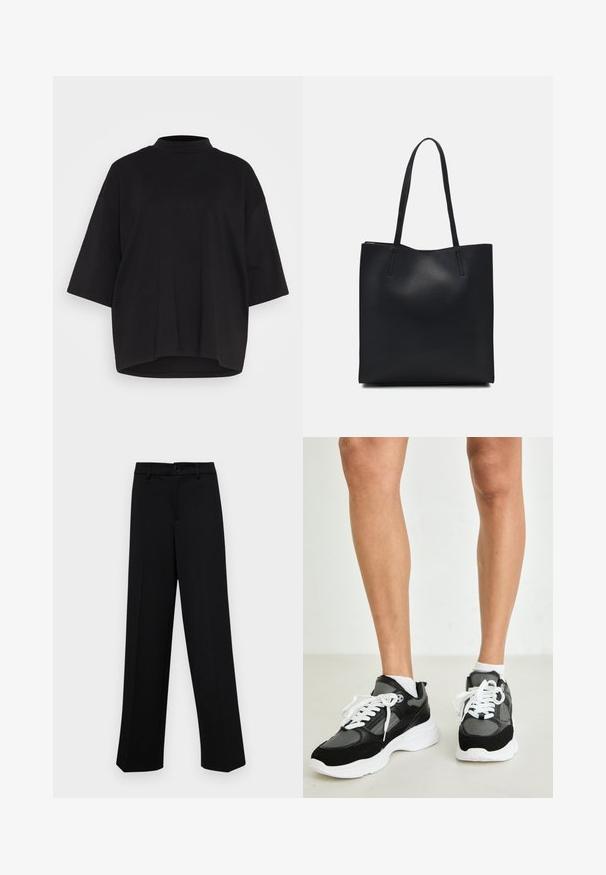 Crna pamučna majica s visokim izrezom, kratkim rukavima u obliku šiške i opuštenim, kutijastim krojem. Glatka tekstura i zaobljeni rub.; Crne široke hlače od glatkog materijala, s klasičnim pojasom koji se zatvara dugmetom i prednjim naborima.; Crne i sive atletske tenisice od mrežastih i antilop materijala, bijele vezice i masivna bijela potplata. Čarape su vidljive iznad tenisica.; Crna kožna torba za nošenje s glatkom teksturom, pravokutnim oblikom i dvije duge ručke. Nema vidljivih metalnih dijelova ili ukrasa.