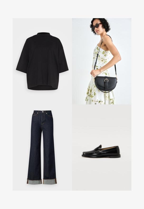Black cotton t-shirt with a high neckline, short batwing sleeves, and a relaxed, boxy fit. Smooth texture and rounded hemline.; Vero Moda VMTESSA WIDE FOLD UP - Wide Leg - dark blue denim; Black leather loafers with a rounded toe, decorative stitching, and a flat sole. Smooth texture and minimalistic design.; Black leather handbag with a curved shape, detachable strap, and gold hardware. The bag features a flap with a buckle detail.