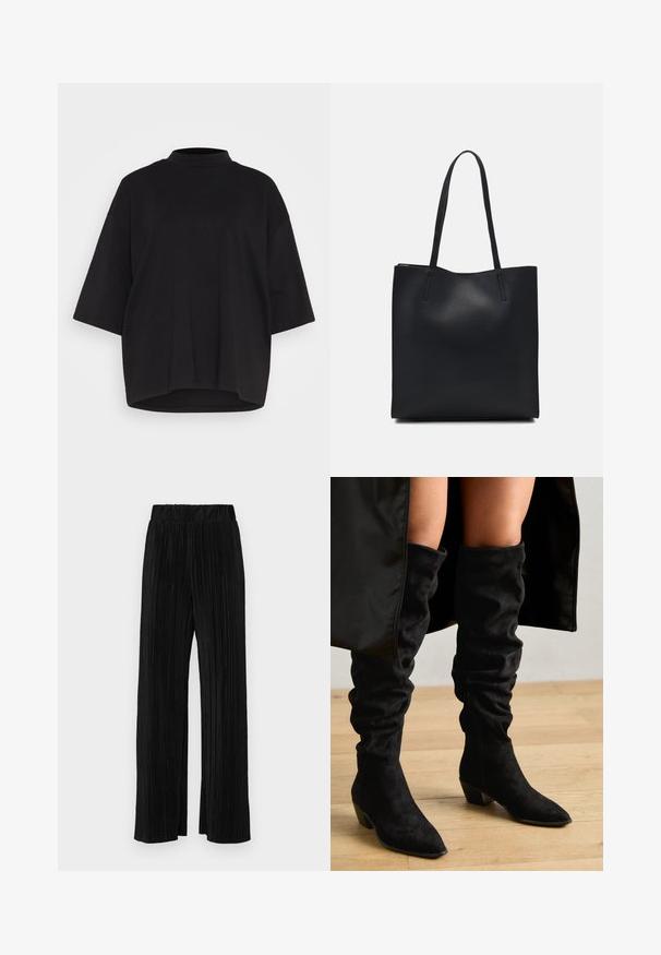 Fekete pamut póló magas nyakkal, rövid batwing ujjakkal és laza, dobozszerű szabással. Sima textúra és lekerekített alj.; Fekete pliszírozott nadrág gumis derekkal. Széles lábakkal rendelkezik, sima, texturált anyagból készült, függőleges csíkokkal.; Fekete, laza, térd fölé érő csizmák velúr anyagból, hegyes orral és vastag sarkal, látható varrással és elegáns siluettel.; Fekete bőrtáska sima felszínnel, téglalap alakú, két hosszú füllel. Nincs látható fémkiegészítő vagy díszítés.