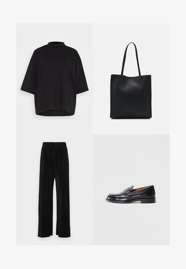 Svart bomulls-t-skjorte med høy hals, korte batwing-ermer og en avslappet, boxy passform. Glatt tekstur og rund nederkant.; Sorte plisserte bukser med elastisk midje. Har vide ben og et glatt, strukturert stoff med vertikale striper.; Sorte lærloafers med rund tå, broderte detaljer og en glatt tekstur. Har lav hæl og smidig design.; Svart lær tote bag med glatt tekstur, rektangulær form og to lange håndtak. Ingen synlige deler eller dekorasjoner.