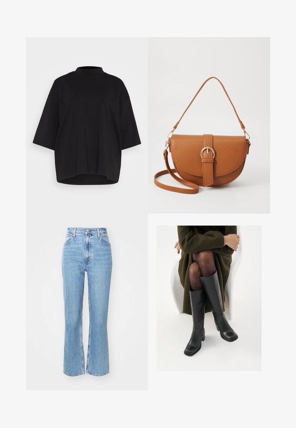 Black cotton t-shirt with a high neckline, short batwing sleeves, and a relaxed, boxy fit. Smooth texture and rounded hemline.; Light blue high-waisted jeans with a flared leg. Made of denim, featuring five pockets and a button front closure. Faded texture.; Knee-high black leather boots with a squared toe and block heel, shown with a model seated in an olive green coat. Smooth texture, minimal detailing.; Brown leather crossbody bag with a curved shape, gold hardware, and a buckle accent. Features a detachable shoulder strap.