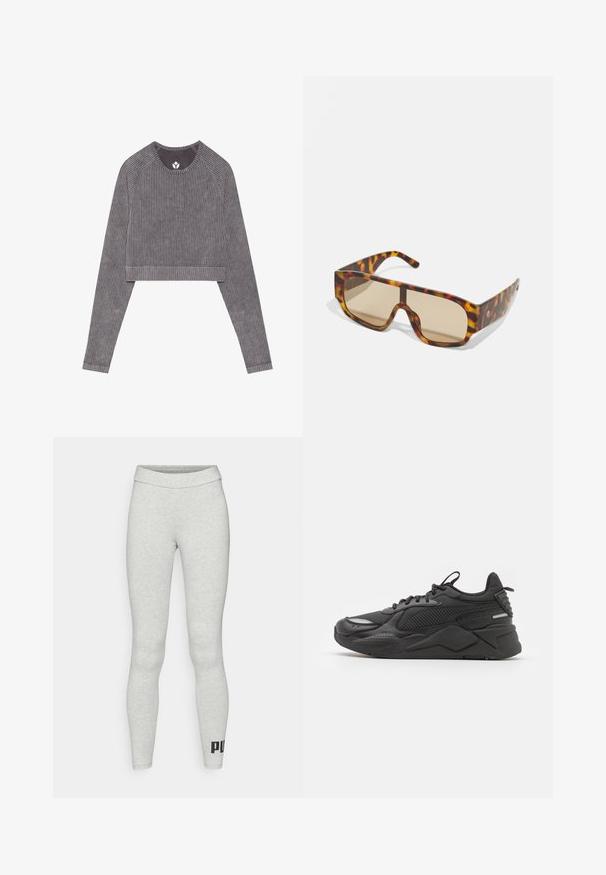 Maglia a maniche lunghe grigia a costine con maniche raglan. Presenta un collo rotondo e un'orlo che si posiziona sopra la vita.; Leggings grigio chiaro realizzati in materiale elasticizzato con una vita alta. Presentano una grafica del logo nera sulla parte inferiore della gamba. Texture liscia, design aderente.; Sneaker nera con tomaia testurizzata, realizzata in materiali mesh e sintetici, suola spessa e dettagli riflettenti per la visibilità.; Occhiali da sole con una montatura spessa a motivo tartaruga in tonalità di marrone e arancione, dotati di grandi lenti marroni e di un design elegante.