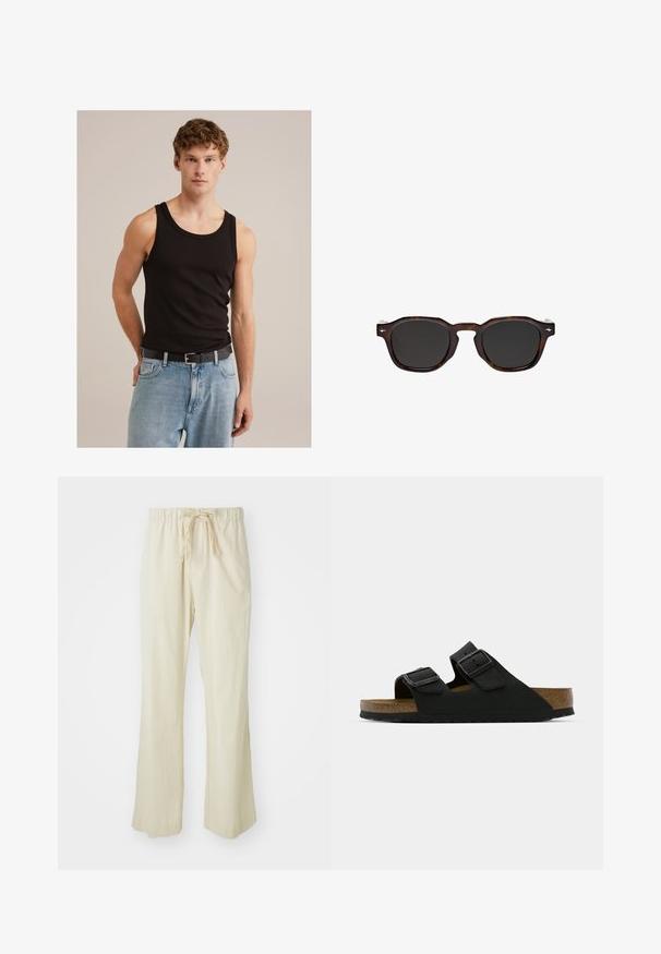 Czarny, bezrękawnik wykonany z bawełny; dopasowany krój z okrągłym dekoltem; połączony z jasnoniebieskimi dżinsami i czarnym paskiem.; Beżowe, luźne spodnie wykonane z lekkiego materiału. Posiadają elastyczny pas z troczkiem oraz zwężające się nogawki.; Czarne sandały z dwoma regulowanymi klamrami, korkową wkładką oraz teksturowaną, gumową podeszwą. Charakteryzują się minimalistycznym designem i otwartym noskiem.; Massimo Dutti - Okulary przeciwsłoneczne
