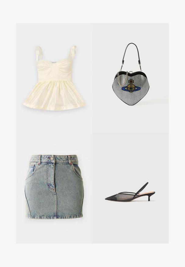 Svetlo rumena satenska bluzo z oprijetim korzetom, nabranim krilom in trakovi na ramenih. Na sprednji strani so vidne strukturirane podrobnosti.; Denimska mini krila v svetlo modri barvi, z gumbom za zapiranje, petimi žepi in subtilnimi šivi, s pravim krojem in robom.; NEOUS IRENA - Klasične pete - black; Torbica v obliki srca, narejena iz mrežastega materiala z metalnim zaključkom, z motivom mačka in planeta v modri, rumeni in rdeči barvi. Vključuje verižni ročaj.