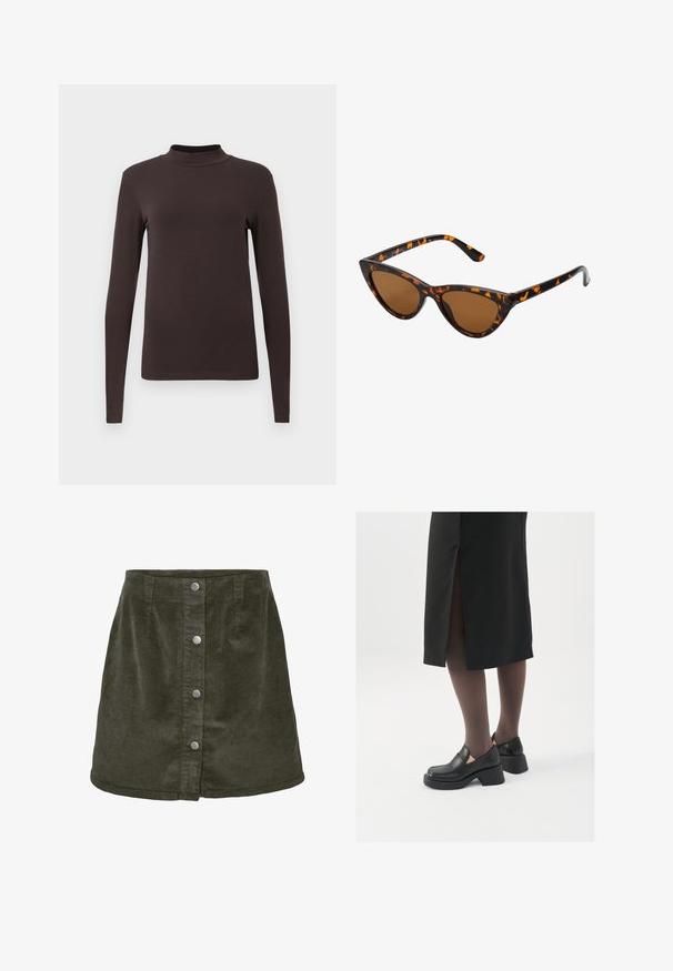 Hosszú ujjú garbó felső sötétbarna anyagból. Fitted fazonú és sima textúrájú, látható minták vagy fém elemek nélkül.; Sötétzöld kordbársony mini szoknya A-vonalú fazonnal, öt ezüst gombbal a fronton és függőleges bordázott textúrával.; Fekete bőr cipők lekerekített orral, vastag blokk sarkakkal és elasztikus oldalsó díszítésekkel, sötét harisnyával és hasítékkal ellátott fekete szoknyával párosítva.; Cica szemüveg fekete és narancssárga teknőc pánttal, barna lencsékkel és sima, hegyes végekkel. A templomán egy minimalista logó található.