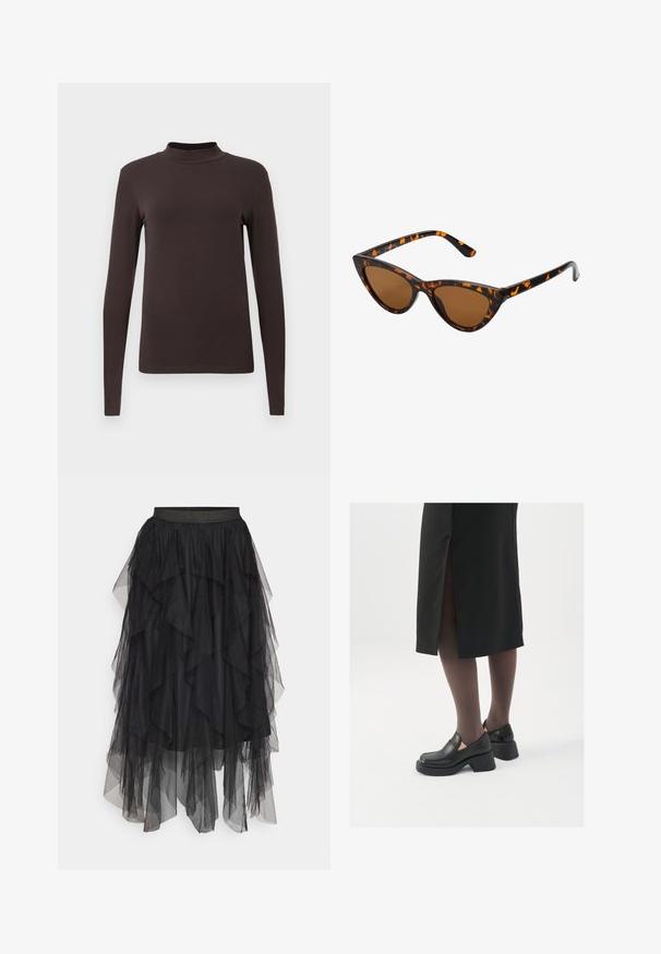 Hosszú ujjú garbó felső sötétbarna anyagból. Fitted fazonú és sima textúrájú, látható minták vagy fém elemek nélkül.; Fekete tüll szoknya rétegelt fodrokkal, rugalmas derékkal és változó hosszúsággal. Áttetsző textúrája fokozza a vizuális mélységet.; Fekete bőr cipők lekerekített orral, vastag blokk sarkakkal és elasztikus oldalsó díszítésekkel, sötét harisnyával és hasítékkal ellátott fekete szoknyával párosítva.; Cica szemüveg fekete és narancssárga teknőc pánttal, barna lencsékkel és sima, hegyes végekkel. A templomán egy minimalista logó található.